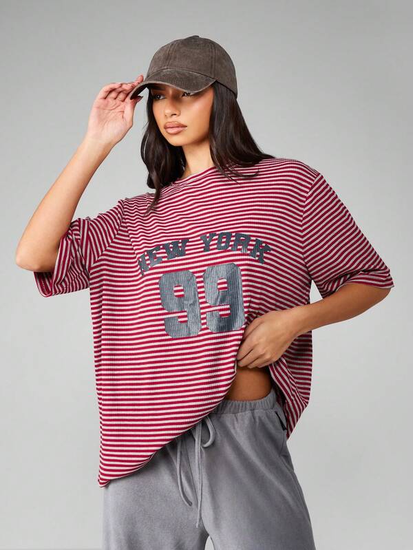 missguided MISSGUIDED Red Striped T-Shirt With Varsity Number Print