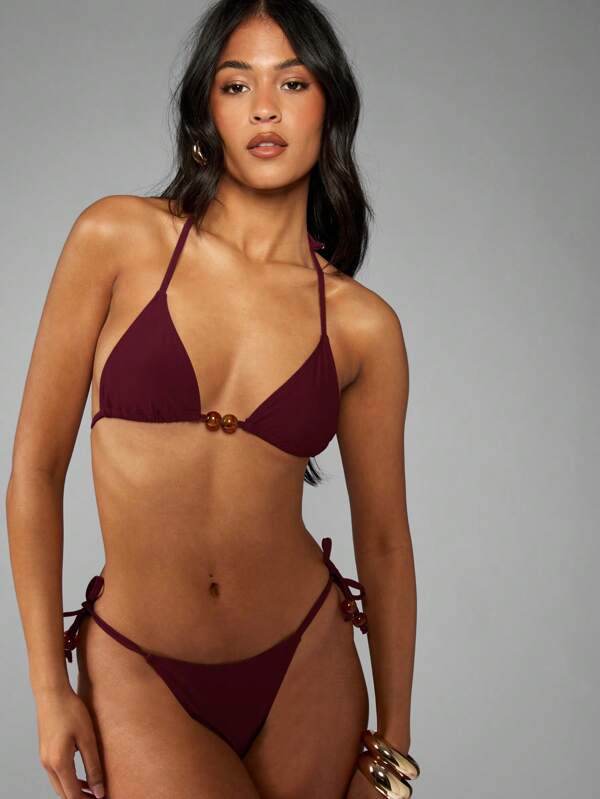 Missguided MISSGUIDED Resin Bead Trim Triangle Bikini Set Two Piece Adjustable Halter String