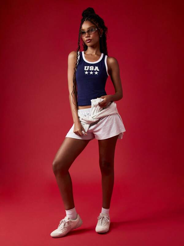 Missguided MISSGUIDED Retro Crop Fitted Jersey Racer Back Star Logo Tank Top