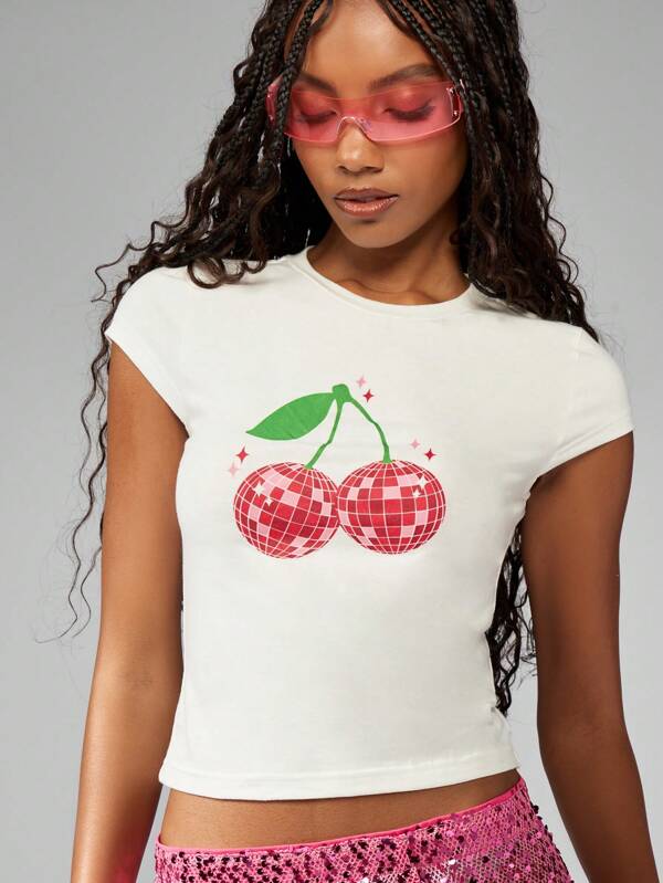 missguided MISSGUIDED Retro Disco Ball Cherry Graphic Print Crop Tee Top
