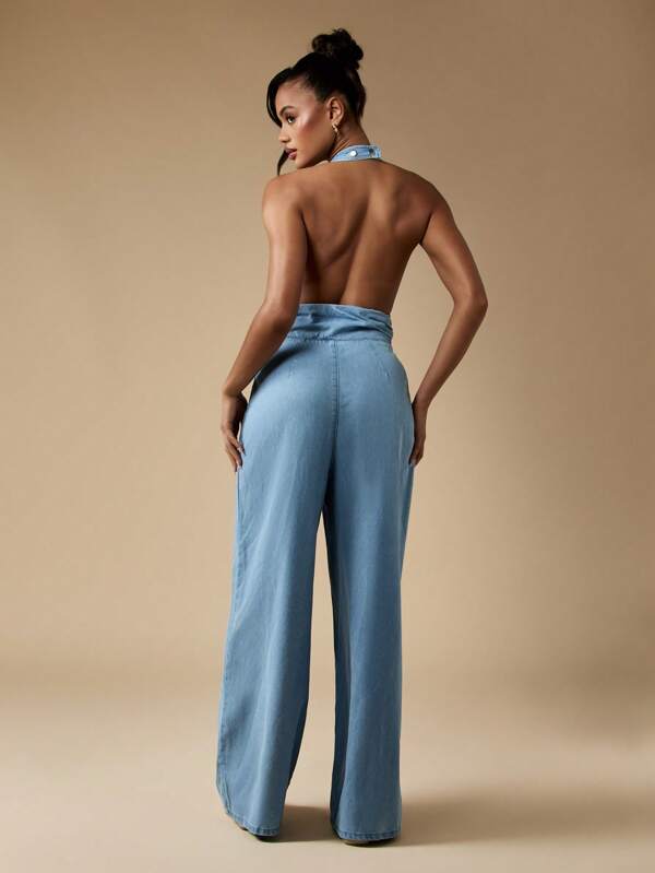 Missguided MISSGUIDED Retro Halter Neck Wide Leg Backless Floor Length Denim Jumpsuit