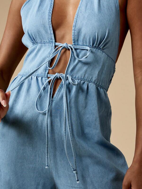 Missguided MISSGUIDED Retro Halter Neck Wide Leg Backless Floor Length Denim Jumpsuit