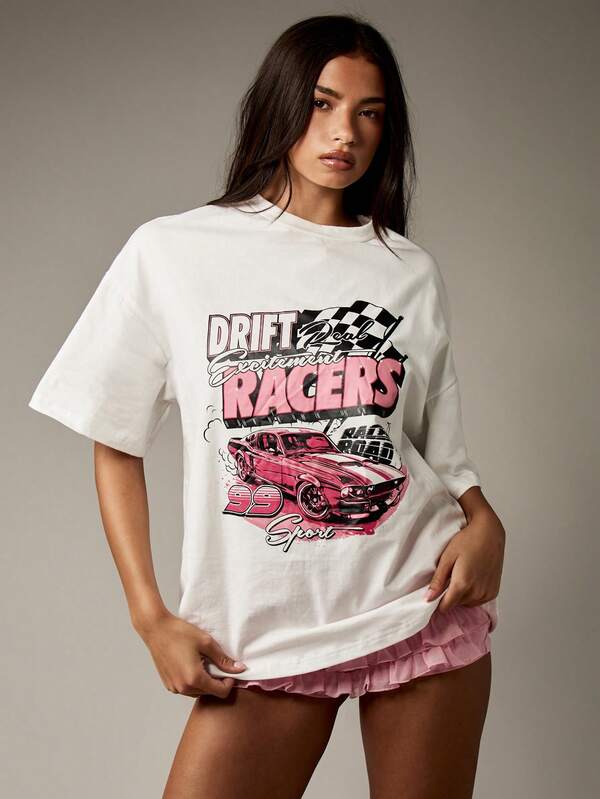 Missguided MISSGUIDED Retro Racing Car Oversized Streetwear T-Shirt With Pink Motor Sport Graphic Print
