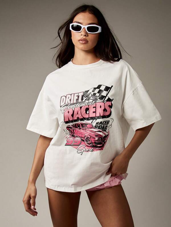 missguided MISSGUIDED Retro Racing Car Oversized Streetwear T-Shirt With Pink Motor Sport Graphic Print