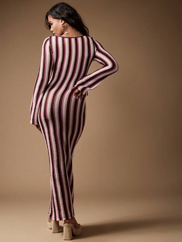 Missguided MISSGUIDED Retro Stripe Knit Bodycon Midaxi Cut Out Front Women Long Dresses