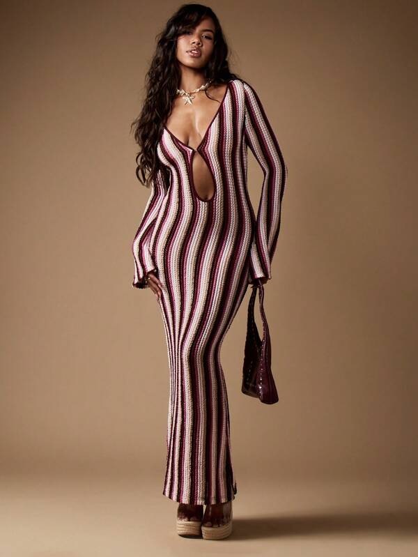 missguided MISSGUIDED Retro Stripe Knit Bodycon Midaxi Cut Out Front Women Long Dresses