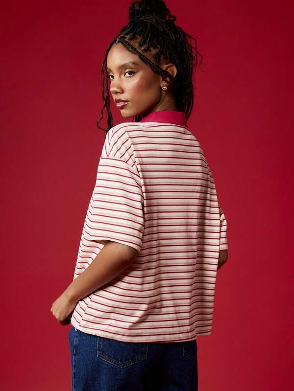 Missguided MISSGUIDED Retro Striped Casual Oversized Classic Preppy Style Polo T-Shirt