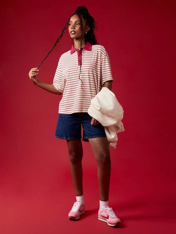 Missguided MISSGUIDED Retro Striped Casual Oversized Classic Preppy Style Polo T-Shirt