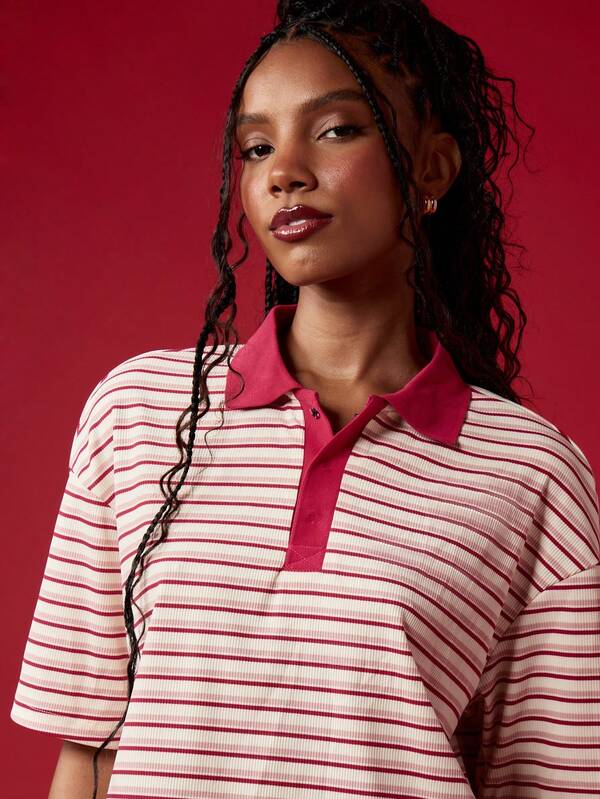 Missguided MISSGUIDED Retro Striped Casual Oversized Classic Preppy Style Polo T-Shirt