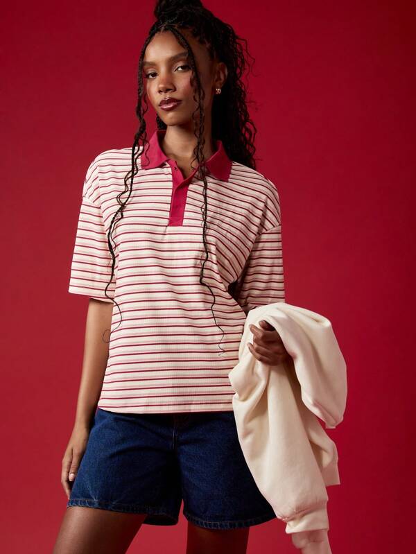 missguided MISSGUIDED Retro Striped Casual Oversized Classic Preppy Style Polo T-Shirt
