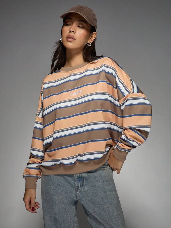 missguided MISSGUIDED Retro Striped Oversized Sweatshirt With 1996 Embroidery