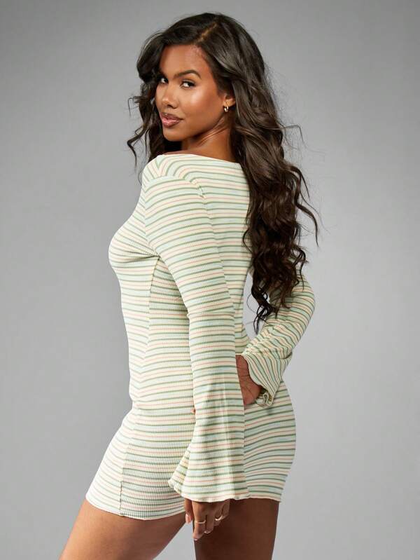 Missguided MISSGUIDED Retro Style Ribbed Mini Dress Bell Sleeve Stripe Pattern Boat Neck
