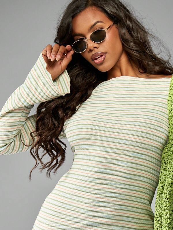 Missguided MISSGUIDED Retro Style Ribbed Mini Dress Bell Sleeve Stripe Pattern Boat Neck