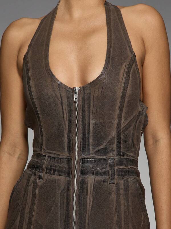 Missguided MISSGUIDED Retro Y2K Coated Denim Halter Neck Jumpsuit