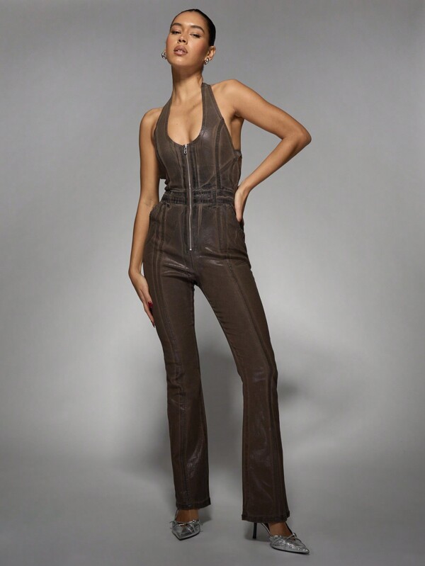 missguided MISSGUIDED Retro Y2K Coated Denim Halter Neck Jumpsuit