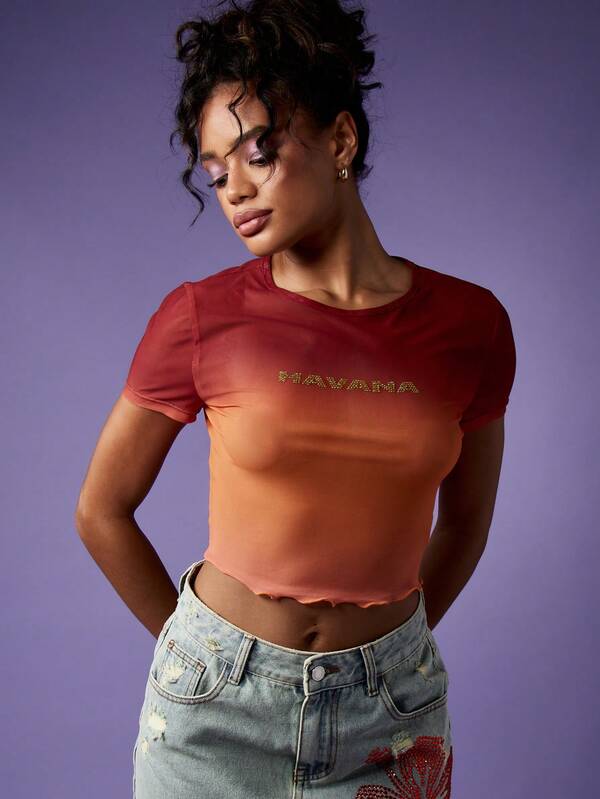 Missguided MISSGUIDED Retro Y2K Ombre Gradient Lettuce Edge Baby Tee