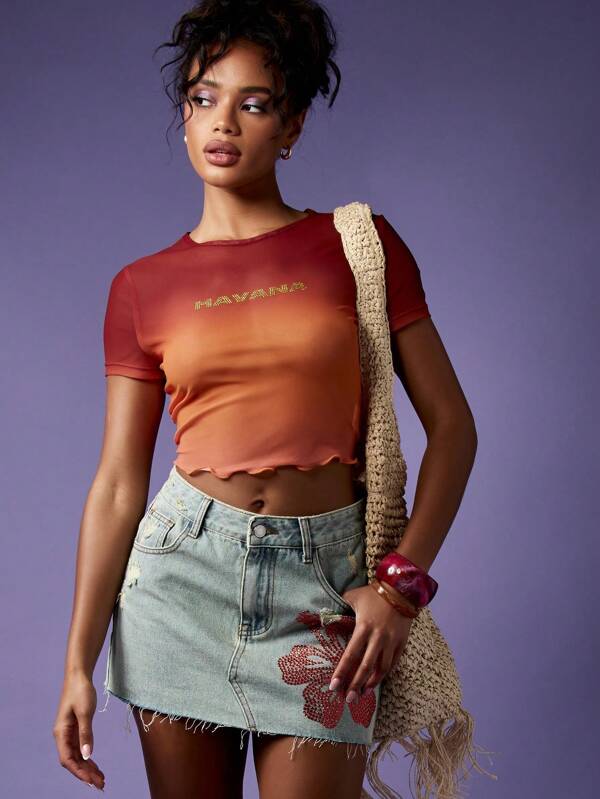 missguided MISSGUIDED Retro Y2K Ombre Gradient Lettuce Edge Baby Tee