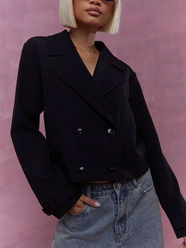 Missguided MISSGUIDED Revere Collar Crop Sheer Backless Double Breasted Coat Jacket Winter Wear