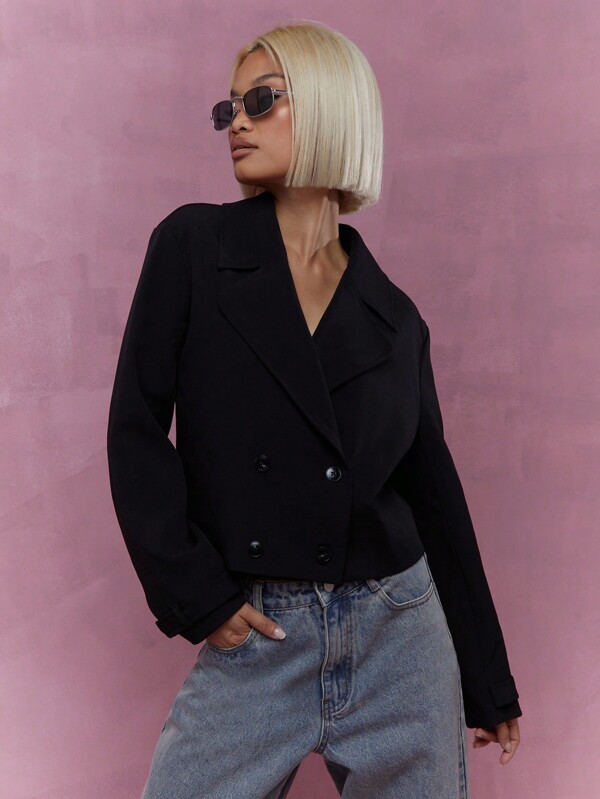 missguided MISSGUIDED Revere Collar Crop Sheer Backless Double Breasted Coat Jacket Winter Wear
