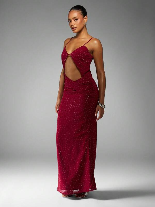 Missguided MISSGUIDED Rhinestone Embellished Cut Out Maxi Dress With Spaghetti Straps