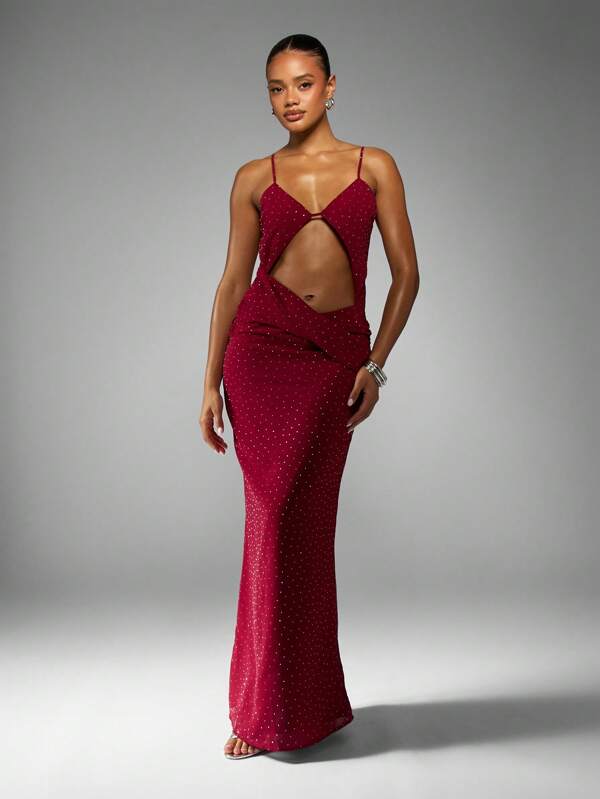 missguided MISSGUIDED Rhinestone Embellished Cut Out Maxi Dress With Spaghetti Straps