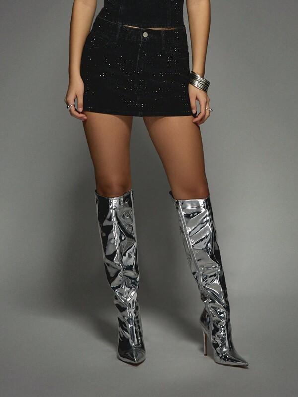 missguided MISSGUIDED Rhinestone Embellished Denim Mini Skirt With Crystal Details