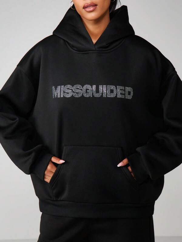 missguided MISSGUIDED Rhinestone Embellished Hoodie With Drawstring