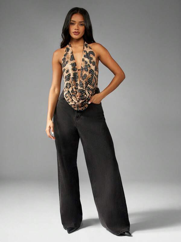Missguided MISSGUIDED Rhinestone Embellished Leopard Print Cowl Neck Halter Top