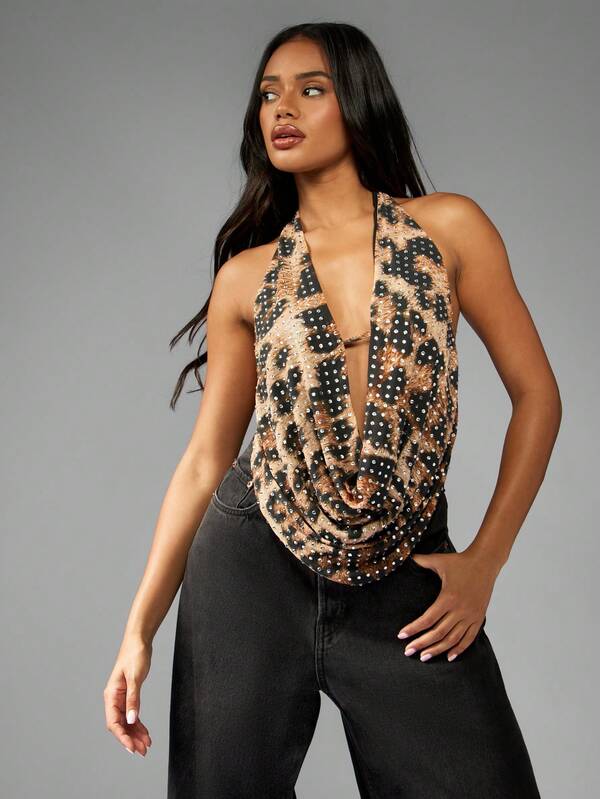 Missguided MISSGUIDED Rhinestone Embellished Leopard Print Cowl Neck Halter Top