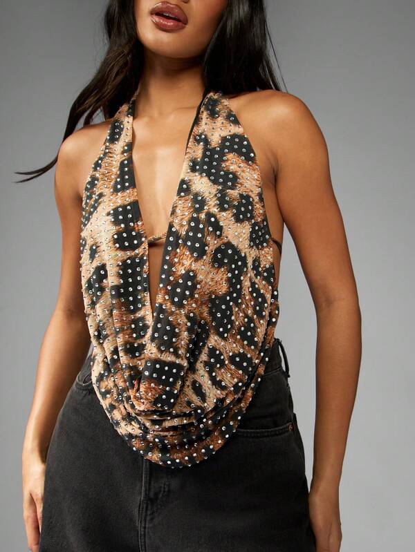 missguided MISSGUIDED Rhinestone Embellished Leopard Print Cowl Neck Halter Top