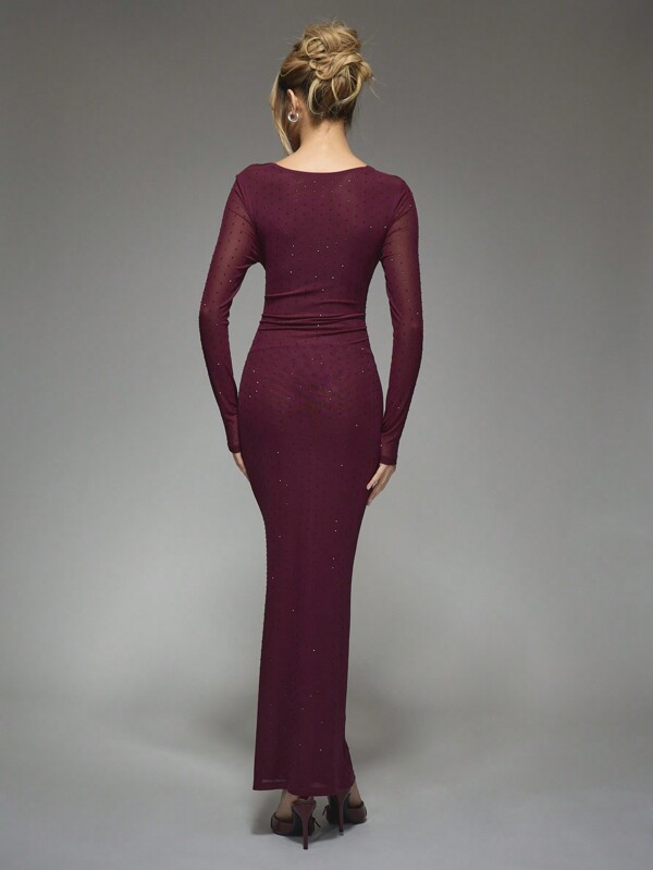 Missguided MISSGUIDED Rhinestone Embellished Mesh Cut-Out Waist Long Sleeve Maxi Dress