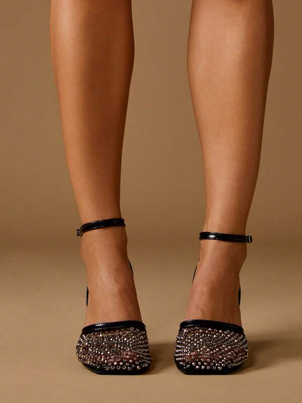 Missguided MISSGUIDED Rhinestone Embellished Patent Pointed Toe Ankle Strap Pumps