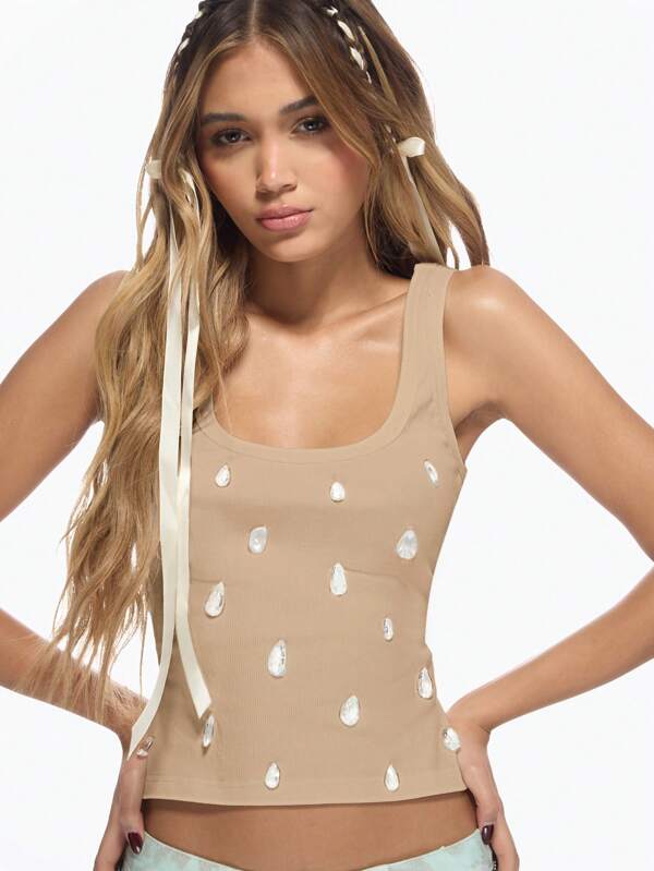 Missguided MISSGUIDED Rhinestone Embellished Sleeveless Crop Tank Top