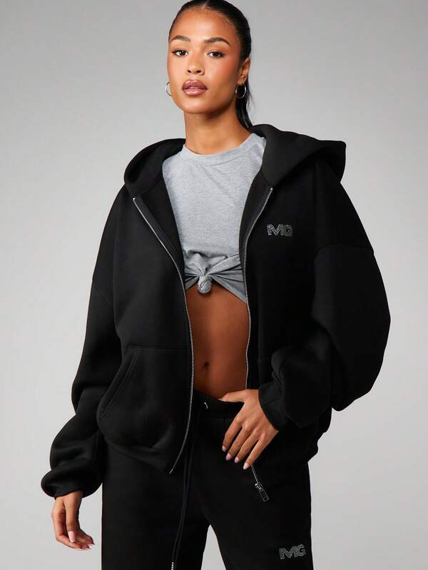 Missguided MISSGUIDED Rhinestone Hotfix Logo Full Zip Hoodie