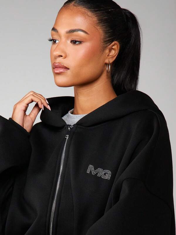 Missguided MISSGUIDED Rhinestone Hotfix Logo Full Zip Hoodie
