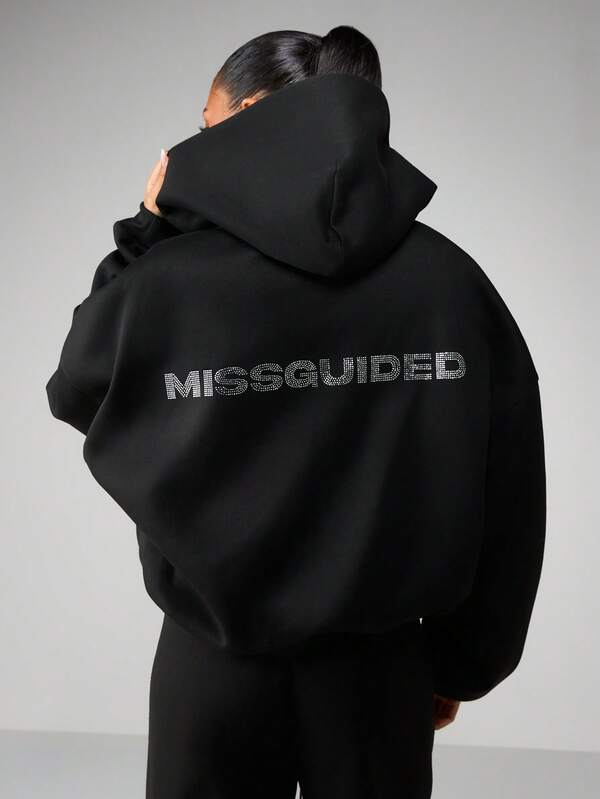 missguided MISSGUIDED Rhinestone Hotfix Logo Full Zip Hoodie