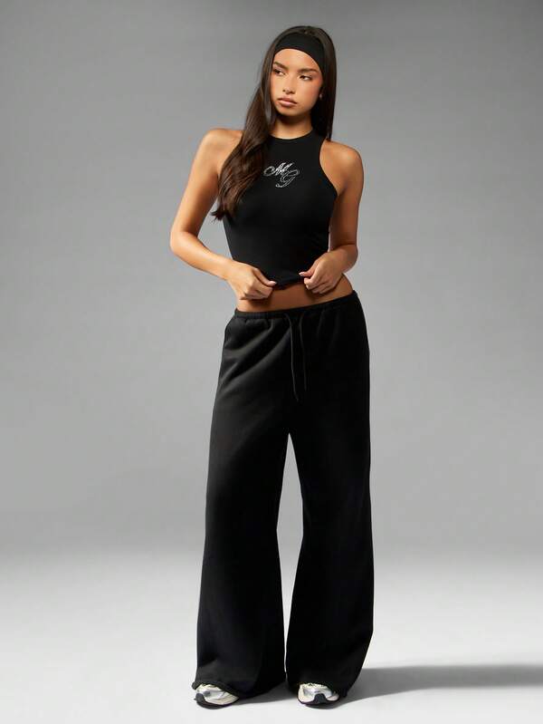 Missguided MISSGUIDED Rhinestone Logo Racer Back Crop Tank