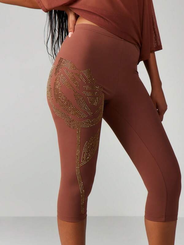Missguided MISSGUIDED Rhinestone Rose Pattern Capri Leggings