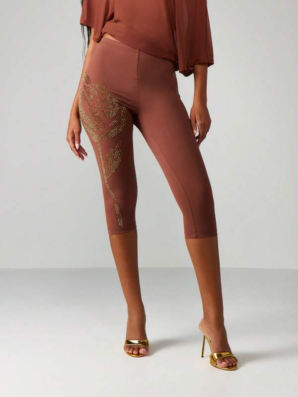 missguided MISSGUIDED Rhinestone Rose Pattern Capri Leggings