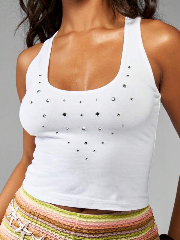 Missguided MISSGUIDED Rhinestone Studded Fitted Crop Length Tank Top