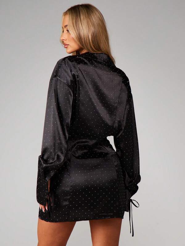 Missguided MISSGUIDED Rhinestone Studded Satin Mini Shirt Dress With Long Sleeves