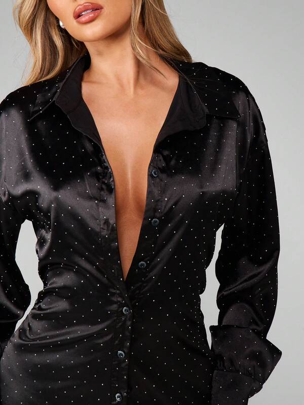 Missguided MISSGUIDED Rhinestone Studded Satin Mini Shirt Dress With Long Sleeves