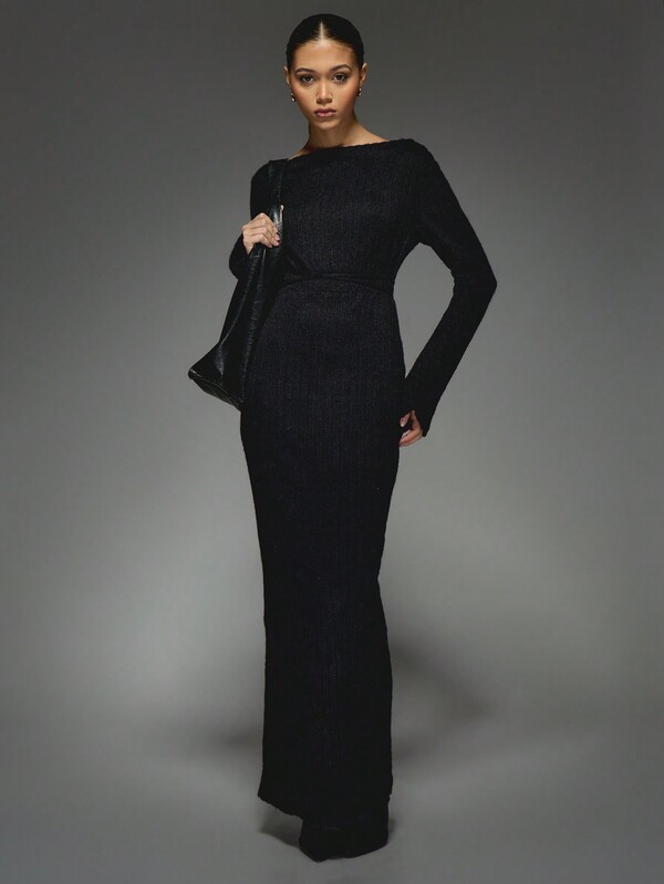 Missguided MISSGUIDED Rib Knit Boat Neck Long Sleeves Maxi Dress