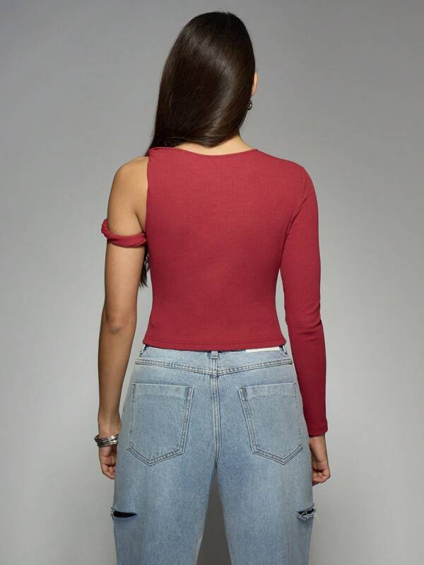 Missguided MISSGUIDED Ribbed Asymmetric One Shoulder Top With Twist Detail