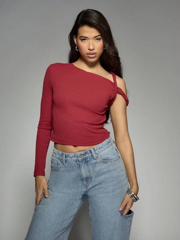 missguided MISSGUIDED Ribbed Asymmetric One Shoulder Top With Twist Detail