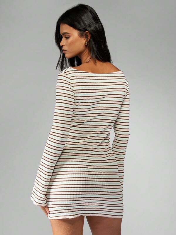 Missguided MISSGUIDED Ribbed Bell Sleeve Striped Bodycon Mini Dress