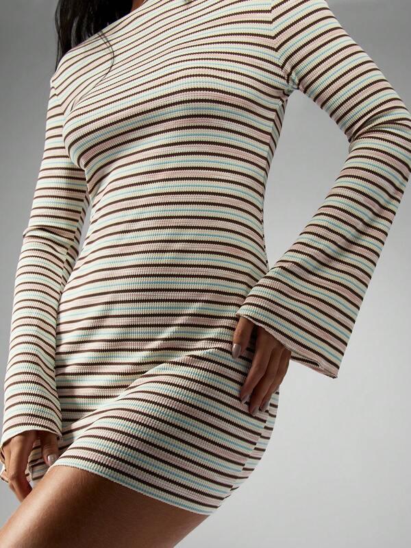 Missguided MISSGUIDED Ribbed Bell Sleeve Striped Bodycon Mini Dress