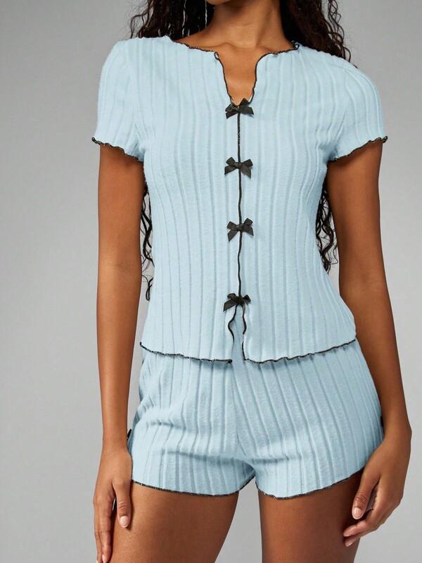 Missguided MISSGUIDED Ribbed Bow Front Lounge Set With Lettuce Edges