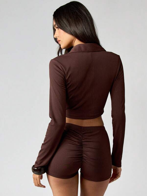 Missguided MISSGUIDED Ribbed Button Down Crop Top With Hot Pants