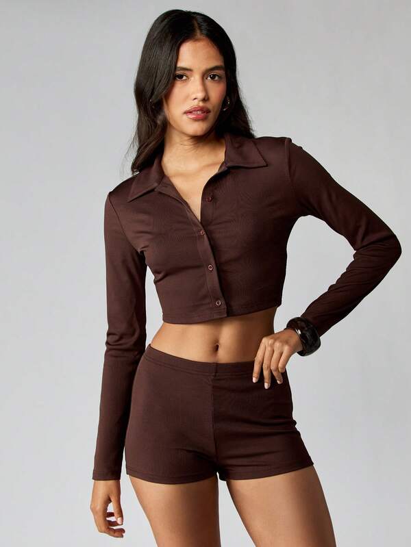 Missguided MISSGUIDED Ribbed Button Down Crop Top With Hot Pants